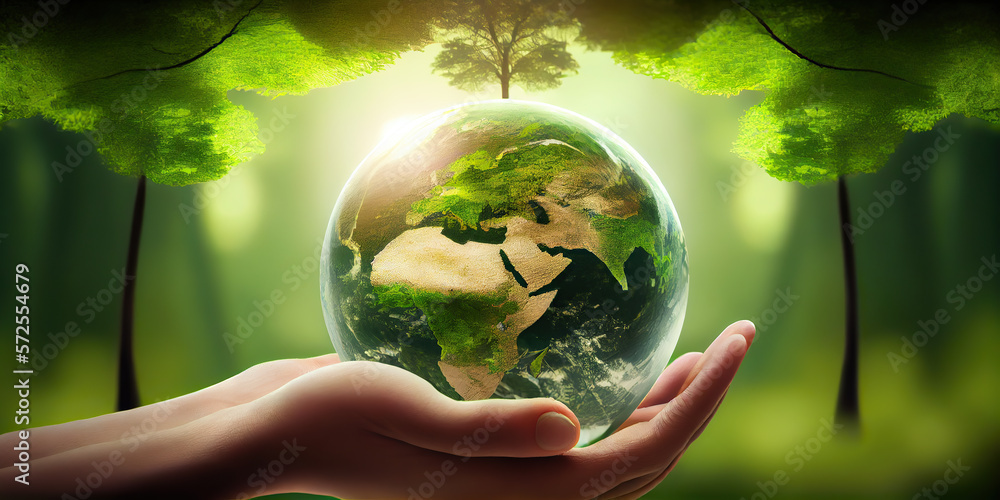Protecting the Planet: Hands Supporting a Globe of Green Trees on a Tropical Nature Background, Emphasizing Ecology and Environment. Copy space. Generative AI.
