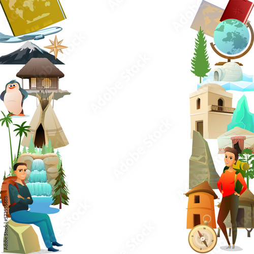 World geography. Frame vertically on both sides. Travel items and plants trees of climatic zones. Dwellings of different peoples of countries. Isolated on white background. Vector.
