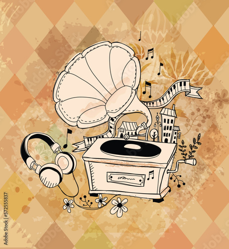 abstract old tradition gramophone retro vintage classical music player box headphone  lifestyle mix and match  design graphic vector for any use