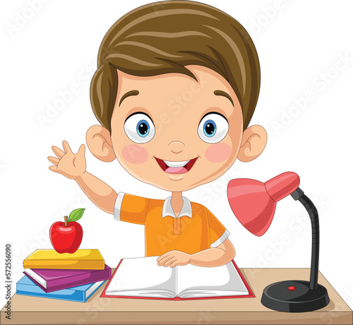 Cartoon little girl studying on the desk