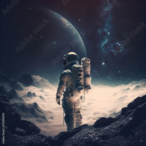 Astronaut on a rock surface with a space background. an astronaut standing on the lone planet with him looking forward. Generative AI