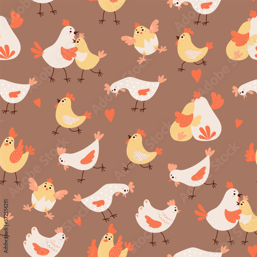 Seamless pattern with domestic farm birds. Funny rooster with hen and little chick in eggshell on brown background. Vector illustration for kids collection  textile  packaging  design and wallpaper.