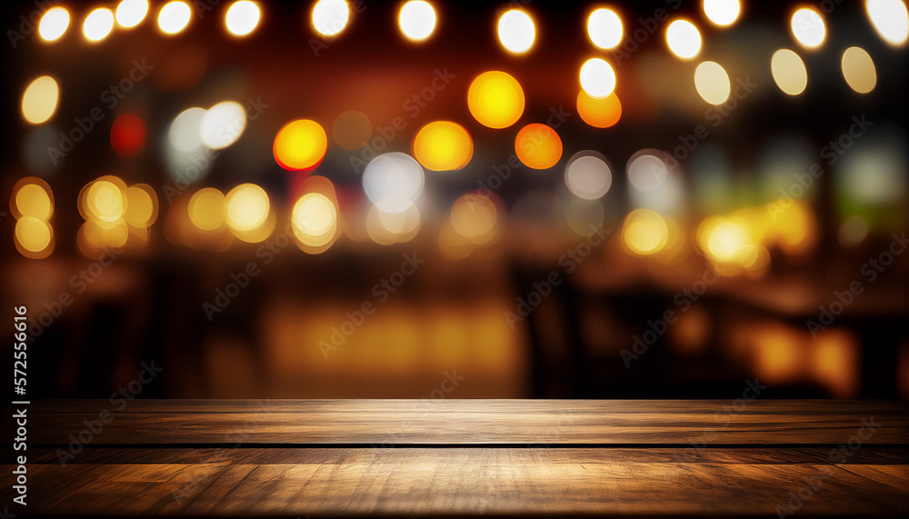 Empty wooden table for product placement or montage with focus to the table top, blurred bokeh background. generative ai