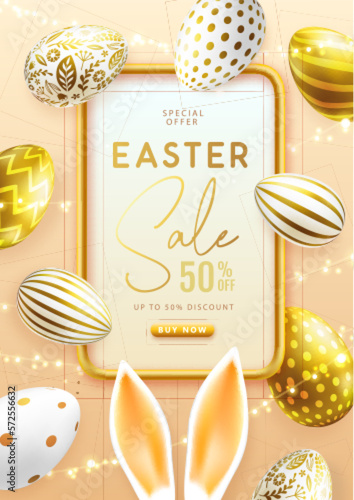 Happy Easter typography big sale poster with gold easter eggs and rabbit ears. Greeting card or poster. Vector illustration