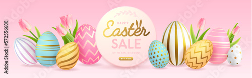 Happy Easter typography big sale poster with colorful easter eggs and spring tulips. Greeting card or poster. Vector illustration