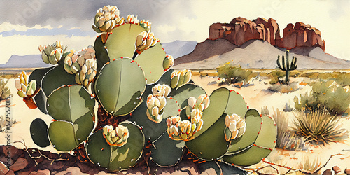 West Texas Big Bend Cactus Watercolor Painting - Desert Landscape Artwork with Beautiful Cacti, Mountains, and a Watercolor Technique