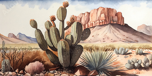 West Texas Big Bend Cactus Watercolor Painting - Desert Landscape Artwork with Beautiful Cacti, Mountains, and a Watercolor Technique