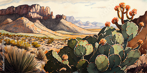 West Texas Big Bend Cactus Watercolor Painting - Desert Landscape Artwork with Beautiful Cacti, Mountains, and a Watercolor Technique