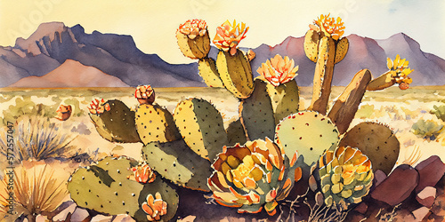 West Texas Big Bend Cactus Watercolor Painting - Desert Landscape Artwork with Beautiful Cacti, Mountains, and a Watercolor Technique