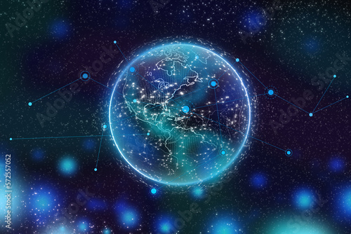 Planet map. World map. Global social network. Background with planet Earth. Internet and technology. Connected network around planet earth from space for global concept. Technology connects the world.