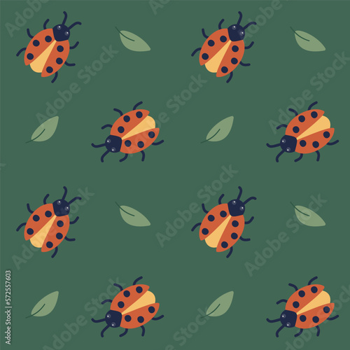 Seamless pattern with ladybug and leaves. An insect crawls among plants. Vector illustration in cartoon style.