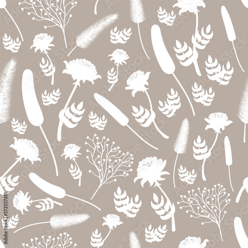 Seamless square floral pattern on beige background. Decorative pattern with various white flowers and plants. Botanical flat minimalistic illustration.Background for printing  fabric.