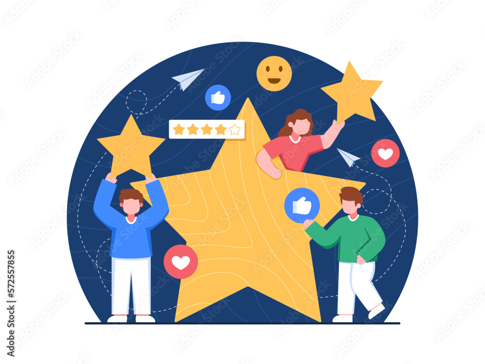 Illustration of Customer Reviews and Ratings.
Customers give feedback. Character's live reviews or comment Evaluating service. 
Suitable for web, landing page, personal project, app, etc.