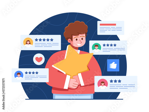 Illustration of a person who provides a service online receiving various ratings and reviews from customers. illustration of a person giving a star review for a service or product online.