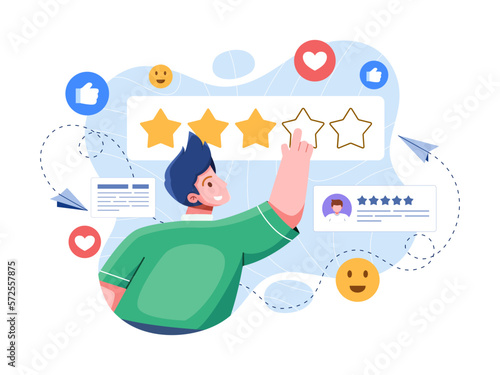 A person giving a star rating to a product or service by pointing at the desired number of stars. The person is shown with their finger pointing at the star.
Suitable for landing page, app, web, etc