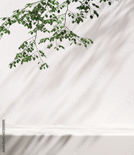 Minimal, modern white marble stone counter table, tropical tree in sunlight, leaf shadow on concrete texture wall background for luxury fresh organic cosmetic, skincare, beauty treatment product 3D