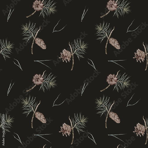 Pattern with pine cone and branch. Botanical natural forest theme. Watercolor isolated illustration on black background. Seamless pattern  an illustration for postcards  posters  textile design.