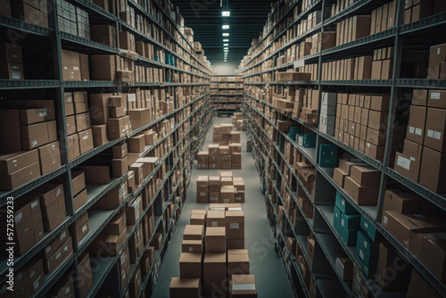 a vast and organized warehouse with rows upon rows of tall shelving units  neatly stacked cardboard boxes  and a wide range of products  from consumer goods to industrial equipment Generative AI