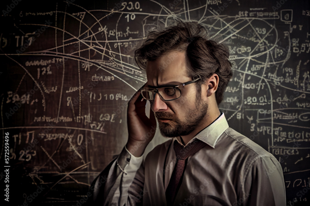 Businessman has headache from difficult equation, generative art