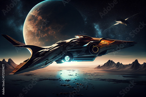Платно Starfighter flying towards a water planet.