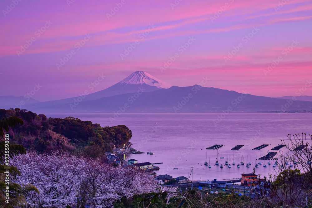 駿河湾から朝焼けと富士山
