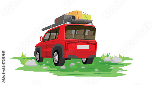 Rear side of tourist car with luggage on the rack and flysheet to protect it from the rain. Parking on the green grass with stone. on isolate white background.