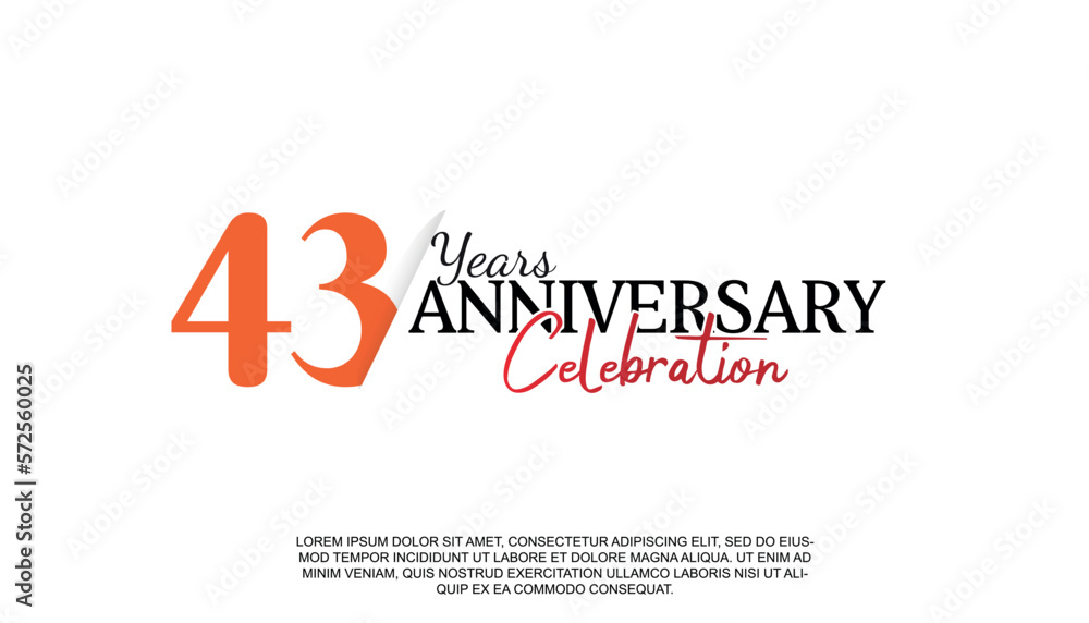 Vector 43 years anniversary logotype number with red and black color for celebration event isolated.