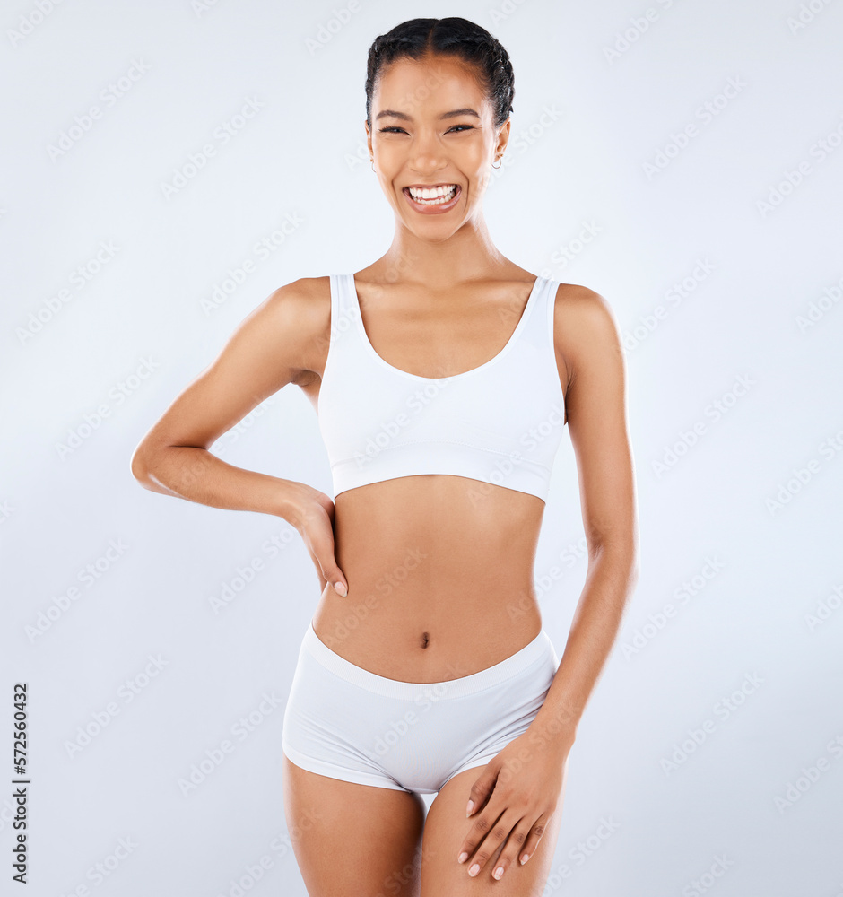 Beauty, smile and body care, portrait of woman in underwear with healthy exercise and balance in studio. Fitness, health and wellness, happy model with slim and fit figure isolated on grey background Beauty, smile and body care, portrait of woman in underwear with healthy exercise and balance in studio. Fitness, health and wellness, happy model with slim and fit figure isolated on grey background