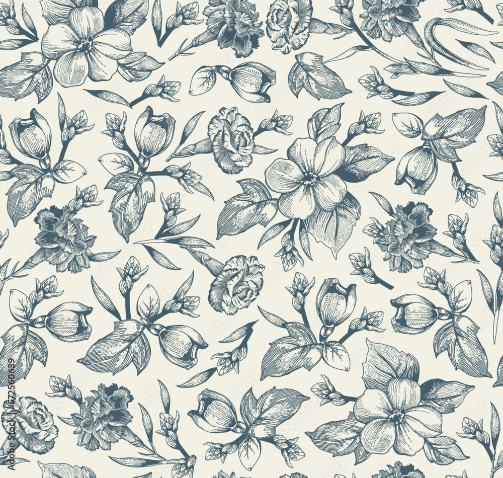 Obraz premium Seamless pattern carnation clove. Beautiful blooming realistic isolated flowers. Vintage background fabric wildflowers. Wallpaper heliotrope Drawing engraving sketch Vector illustration