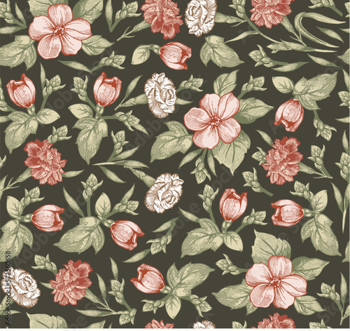 Seamless pattern carnation clove. Beautiful blooming realistic isolated flowers. Vintage background fabric wildflowers. Wallpaper heliotrope Drawing engraving sketch Vector illustration