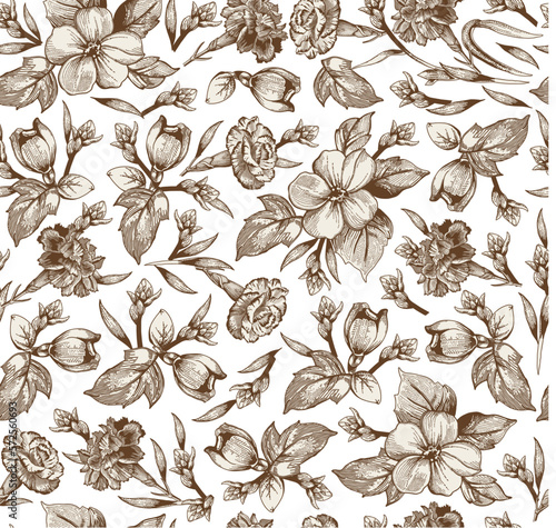 Seamless pattern carnation clove. Beautiful blooming realistic isolated flowers. Vintage background fabric wildflowers. Wallpaper heliotrope Drawing engraving sketch Vector illustration