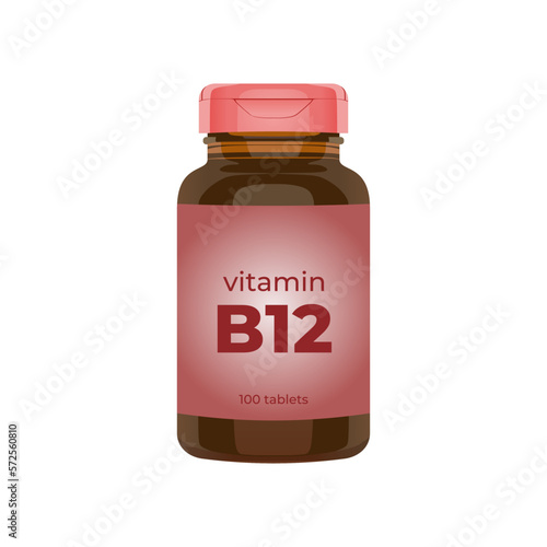 Realistic popular vitamin B12 bottle packaging mockup vector illustration in trendy flat 3d design style. Tablets medicine brown bottle icon. Editable graphic resources for many purposes.