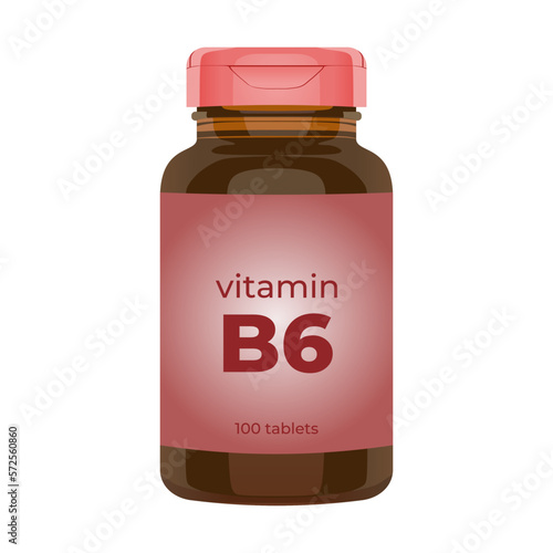 Vitamin B6 bottle packaging mockup, popular realistic vector illustration in trendy flat 3d design style. Tablets medicine brown bottle icon. Editable graphic resources for many purposes.