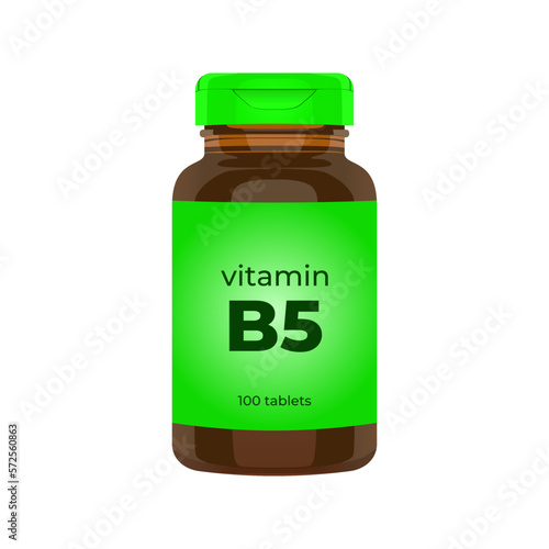 Realistic popular vitamin B5 bottle packaging mockup vector illustration in trendy flat 3d design style. Tablets medicine brown bottle icon. Editable graphic resources for many purposes.