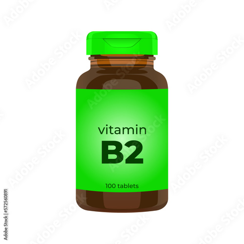 Realistic popular vitamin B2 bottle packaging mockup vector illustration in trendy flat 3d design style. Tablets medicine brown bottle icon. Editable graphic resources for many purposes.