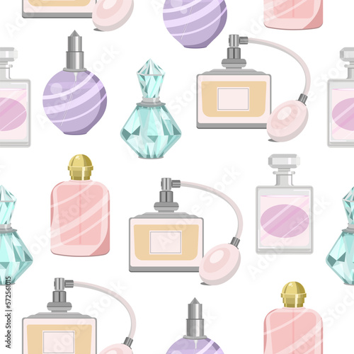 Seamless pattern of various perfumes in bottles on a white background.Vector pattern for perfume,wallpaper,textile designs.