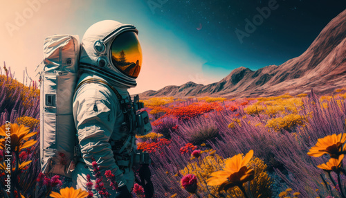 An astronaut stands on a green field surrounded by colorful flowers., Generative AI