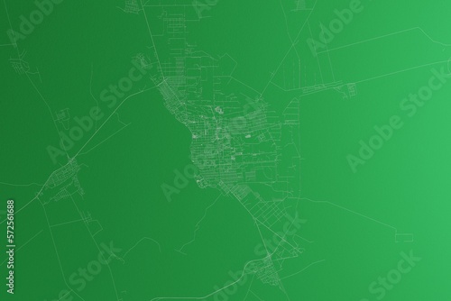 Map of the streets of Pavlodar (Kazakhstan) made with white lines on green paper. Rough background. 3d render, illustration