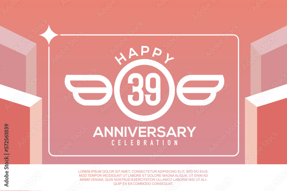 Fototapeta premium 39th year anniversary design letter with wing sign concept template design on pink background