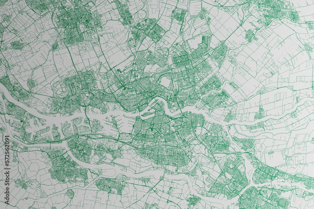 Map of the streets of Rotterdam (Netherlands) made with green lines on white paper. 3d render, illustration
