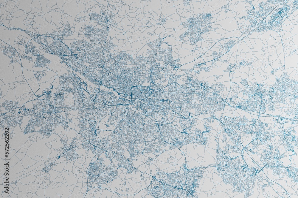 Map of the streets of Glasgow (UK) made with blue lines on white paper. 3d render, illustration Map of the streets of Glasgow (UK) made with blue lines on white paper. 3d render, illustration