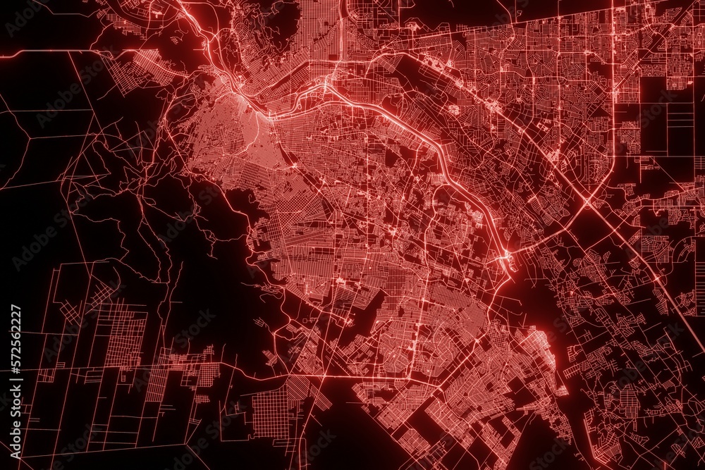 Street map of Ciudad Juarez (Mexico) made with red illumination and glow effect. Top view on roads network. 3d render, illustration