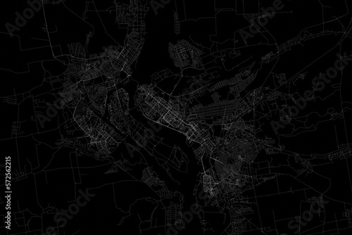 Stylized map of the streets of Zaporizhzhya (Ukraine) made with white lines on black background. Top view. 3d render, illustration photo