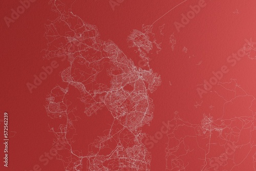 Map of the streets of Stavanger (Norway) made with white lines on red paper. Top view, rough background. 3d render, illustration