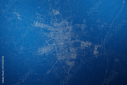 Stylized map of the streets of Lodz (Poland) made with white lines on abstract blue background lit by two lights. Top view. 3d render, illustration