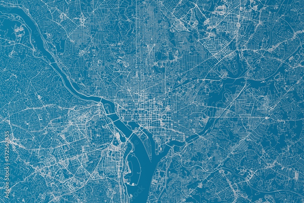 Map of the streets of Washington (DC, USA) made with white lines on blue background. 3d render, illustration - obrazy, fototapety, plakaty 