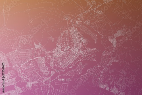 Map of the streets of Brasilia  Brazil  made with white lines on pinkish red gradient background. Top view. 3d render  illustration