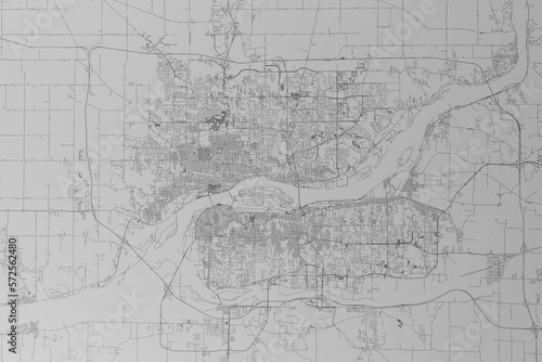 Map of the streets of Davenport (Iowa, USA) made with black lines on grey paper. Top view. 3d render, illustration photo