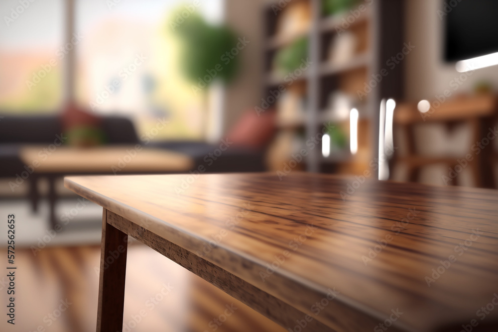 Empty wooden desk table in blurred living room background, made with AI generative