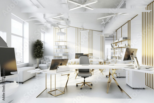 Luxury white workspace office decorated with industrial loft modern interior design with white tones. background design with paint brush and gold line art. made with AI generative.